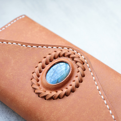 オルガン長財布 使用品 天然石×牛革 大容量 総手縫い ハンドメイド 天然石×革の組み合わせ」長財布 レディース 革 大容量 牛革