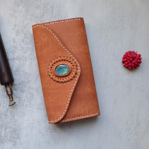 天然石×革の組み合わせ」長財布 レディース 革 大容量 牛革手作り