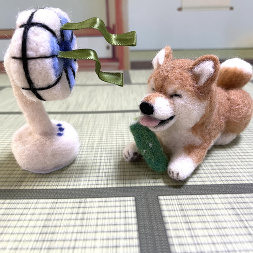 扇風機で涼みながらきゅうりをかじる柴犬ちゃん羊毛フェルト