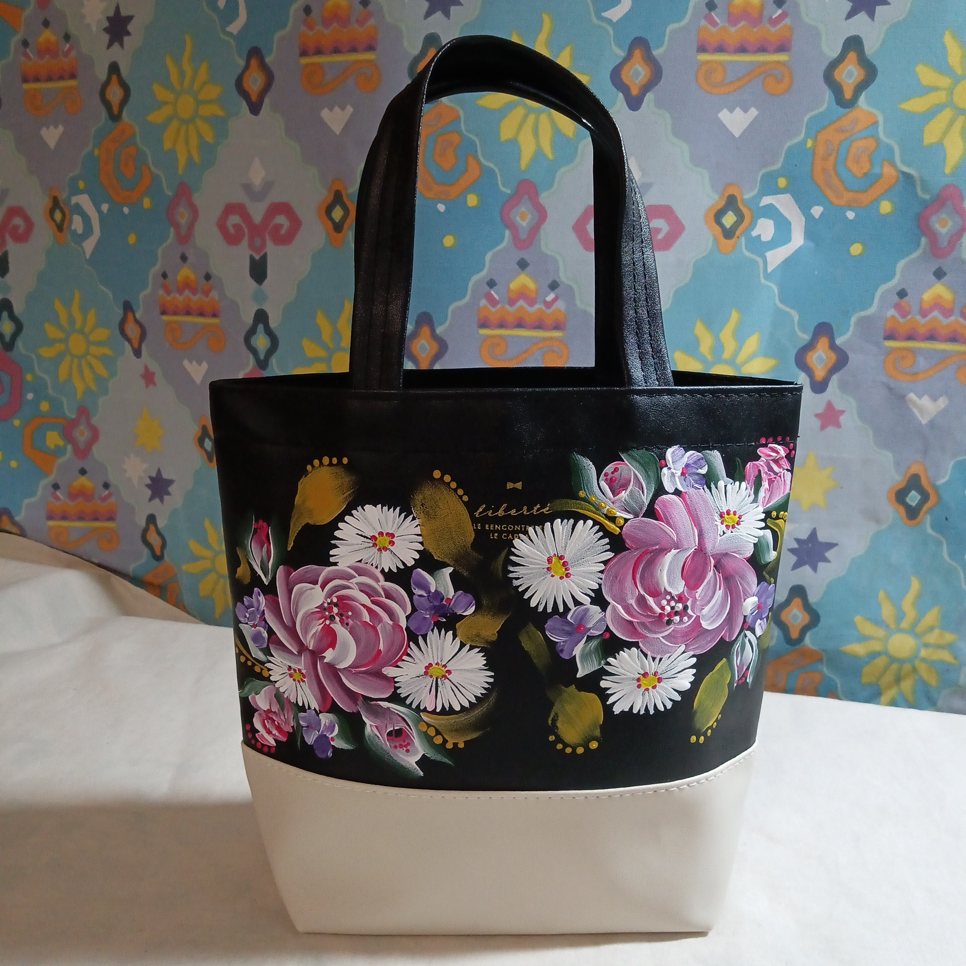 ショルダーバック　薔薇　手描き　トールペイント