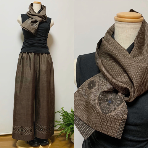 青入り龍郷＊泥大島ワイドパンツ＋ストール＊裏地付き＊着物リメイク  