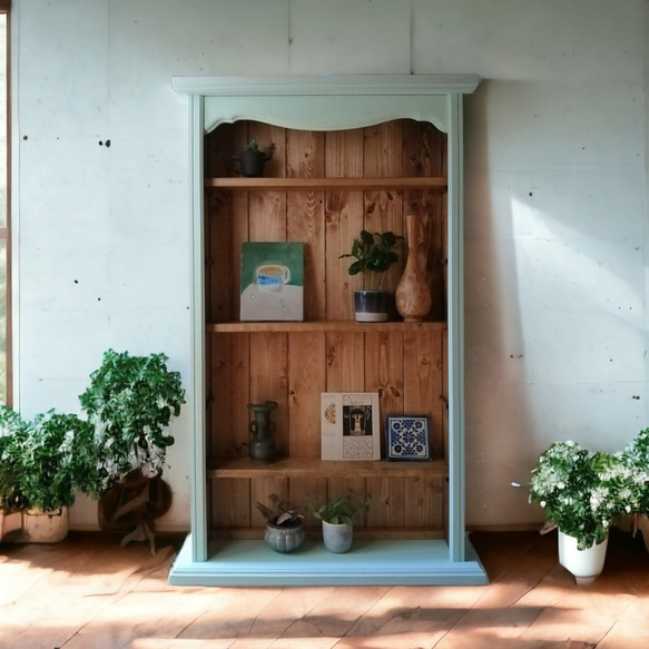金時商店　　アンティーク風 緑色木製オープンシェルフ Yahoo商品名｜Y-KAGU(輸入家具屋さん.com)