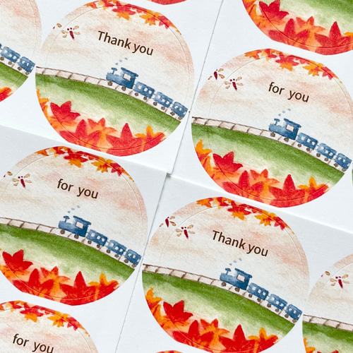 透明水彩画「紅葉列車 シール」丸シール48枚 サンキューシール 秋 電車