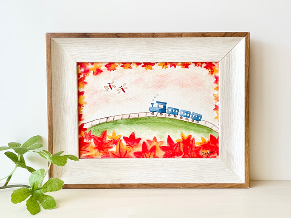 透明水彩画 A4ポスター「紅葉列車」イラスト 秋 アートポスター 電車