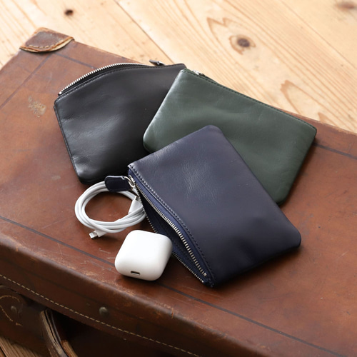 マチなし×フラットポーチ】 小物入れ バッグインバッグ 本革 ポーチ
