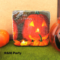 受注制作★かぼちゃハロウィン柄のレンガ置物　ガーデニング 1枚目の画像