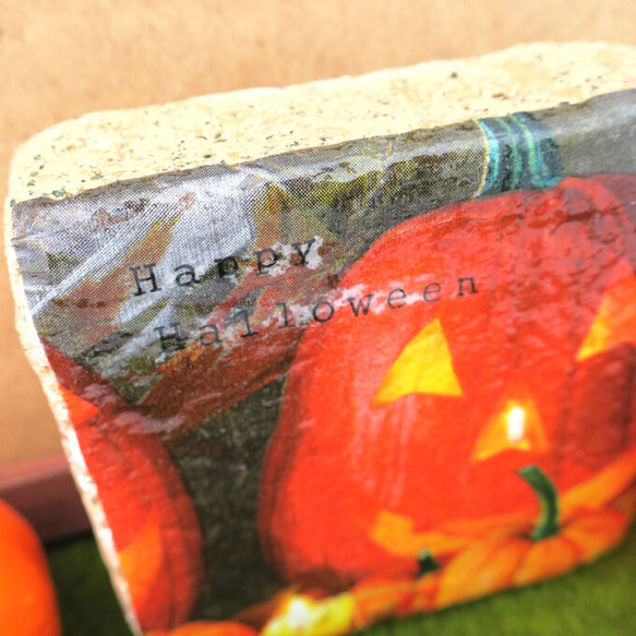 受注制作★かぼちゃハロウィン柄のレンガ置物　ガーデニング 2枚目の画像