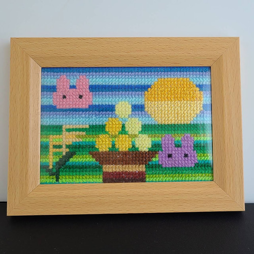完成品】クロスステッチ お月見 刺繍 L版サイズ フレーム付き フォト