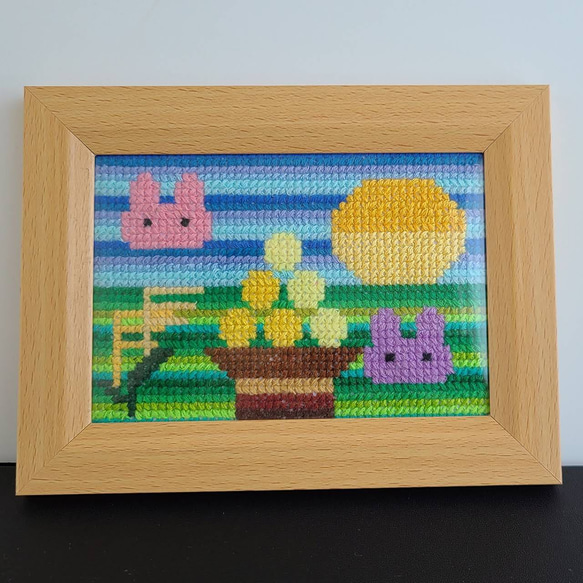 完成品】クロスステッチ お月見 刺繍 L版サイズ フレーム付き フォト