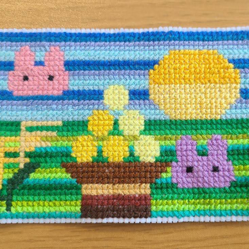 完成品】クロスステッチ お月見 刺繍 L版サイズ フレーム付き フォト