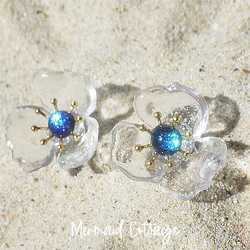 深海藍☆德國玻璃透明花朵耳環 鈦 第1張的照片