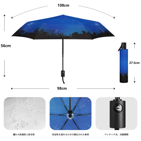 晴雨兼用、雨の中で差す星空 "森の中から見上げた夜空" 折りたたみ傘・日傘（外側プリント） 5枚目の画像