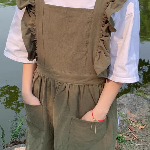 ダークグリーン 肩フリル ポケット付き ワンピース レディースエプロン