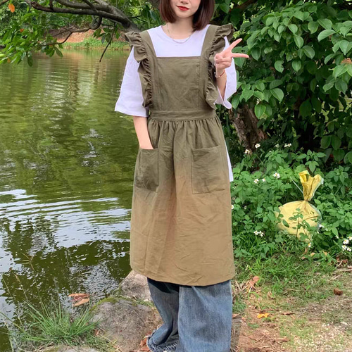 ダークグリーン 肩フリル ポケット付き ワンピース レディースエプロン