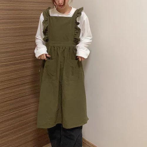 ダークグリーン 肩フリル ポケット付き ワンピース レディースエプロン