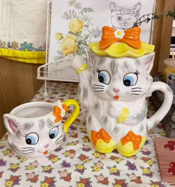 猫ちゃん陶器カップ ハンドメイド リボン かわいい セリア】猫好き必見