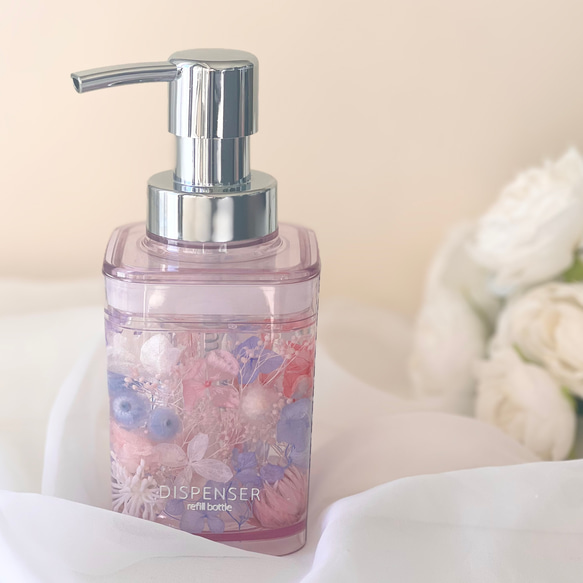 完成品】ハーバリウムディスペンサー（泡ハンドソープ）/ピンクブルー