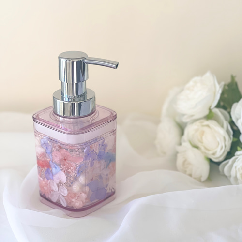 完成品】ハーバリウムディスペンサー（泡ハンドソープ）/ピンクブルー
