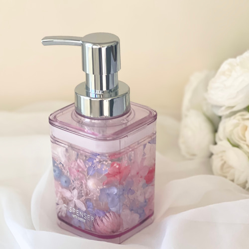 完成品】ハーバリウムディスペンサー（泡ハンドソープ）/ピンクブルー