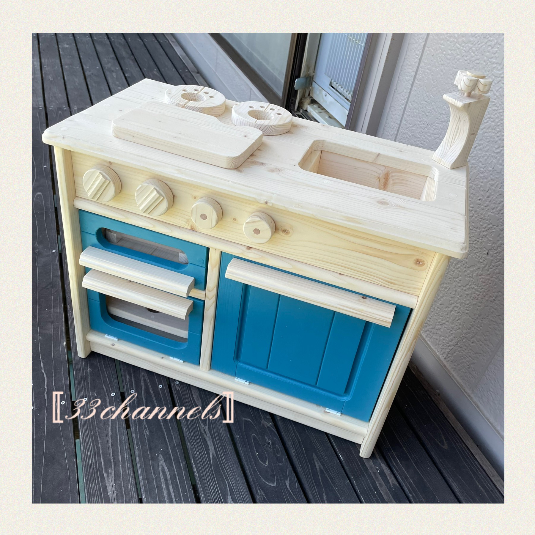 おままごとキッチン　対面クラシック１（ホワイト×インディアンターコイズ）　おもちゃ　ままごとキッチン