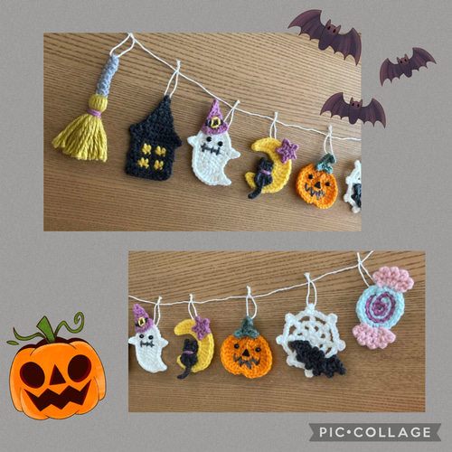 ハロウィンガーランド　魔女帽子のゴースト　手編み　ミニチュア ハロウィン ガーランド 壁面飾り 魔女帽子のゴースト 手編み