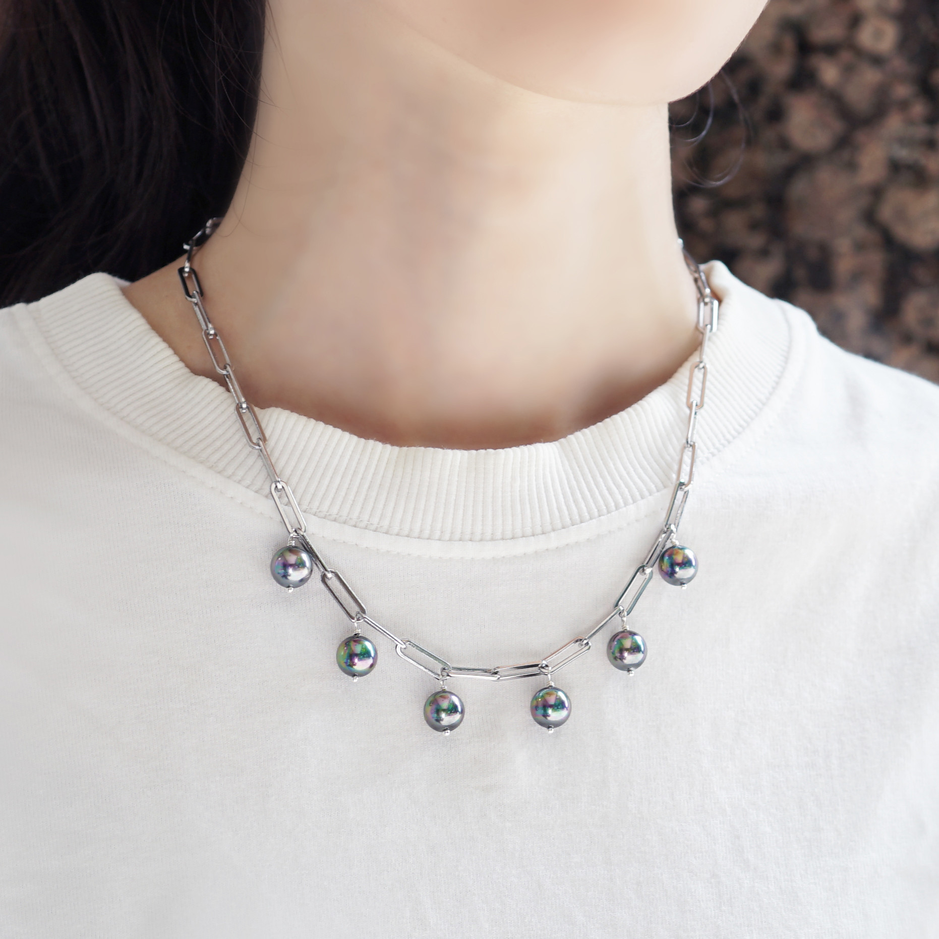 サージカルステンレス★ピーコックパールのマンテル45cmネックレス　～Eveliina