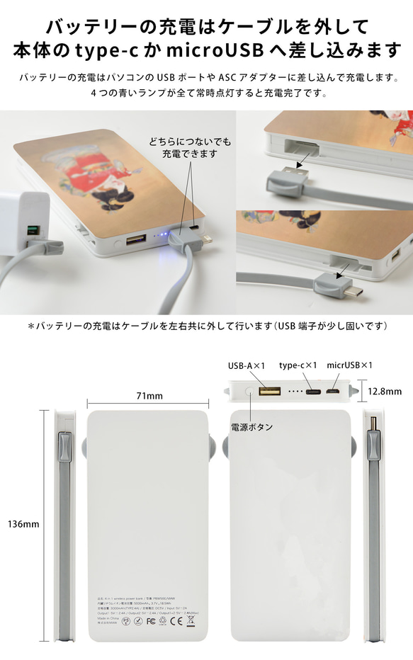 モバイルバッテリー 充電器 Qi ワイヤレス PSEマーク 名画 ユニーク モルモット 4枚目の画像