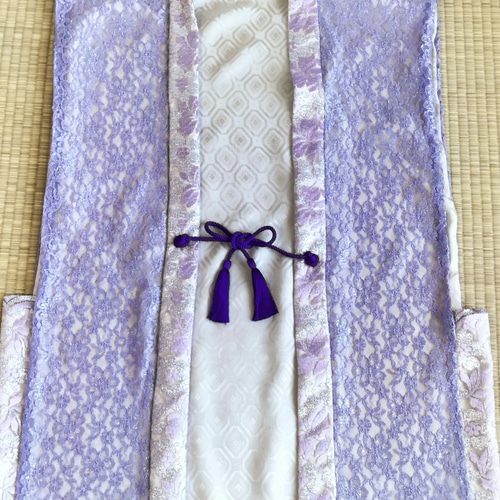 キラキラ虹色総レース仕立て紫色ちゃんちゃんこ3点セット 着物