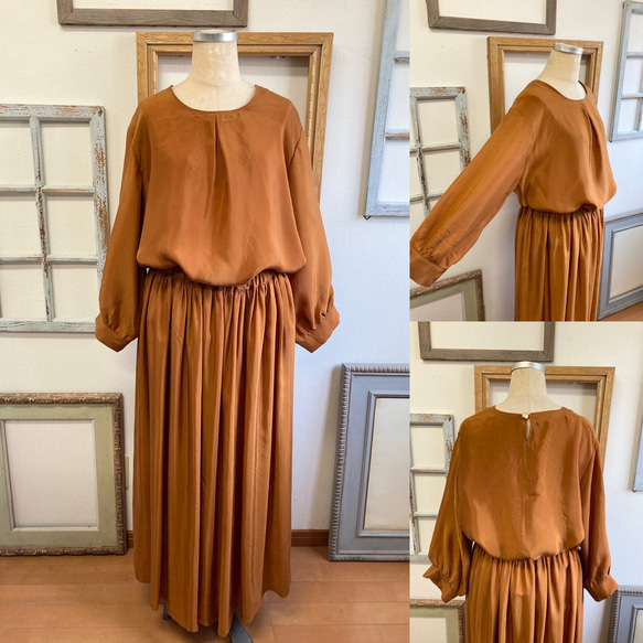 可愛又成熟❤️緞面材質的褶皺長裙赤土橙（尺寸不限L-LL） 第2張的照片