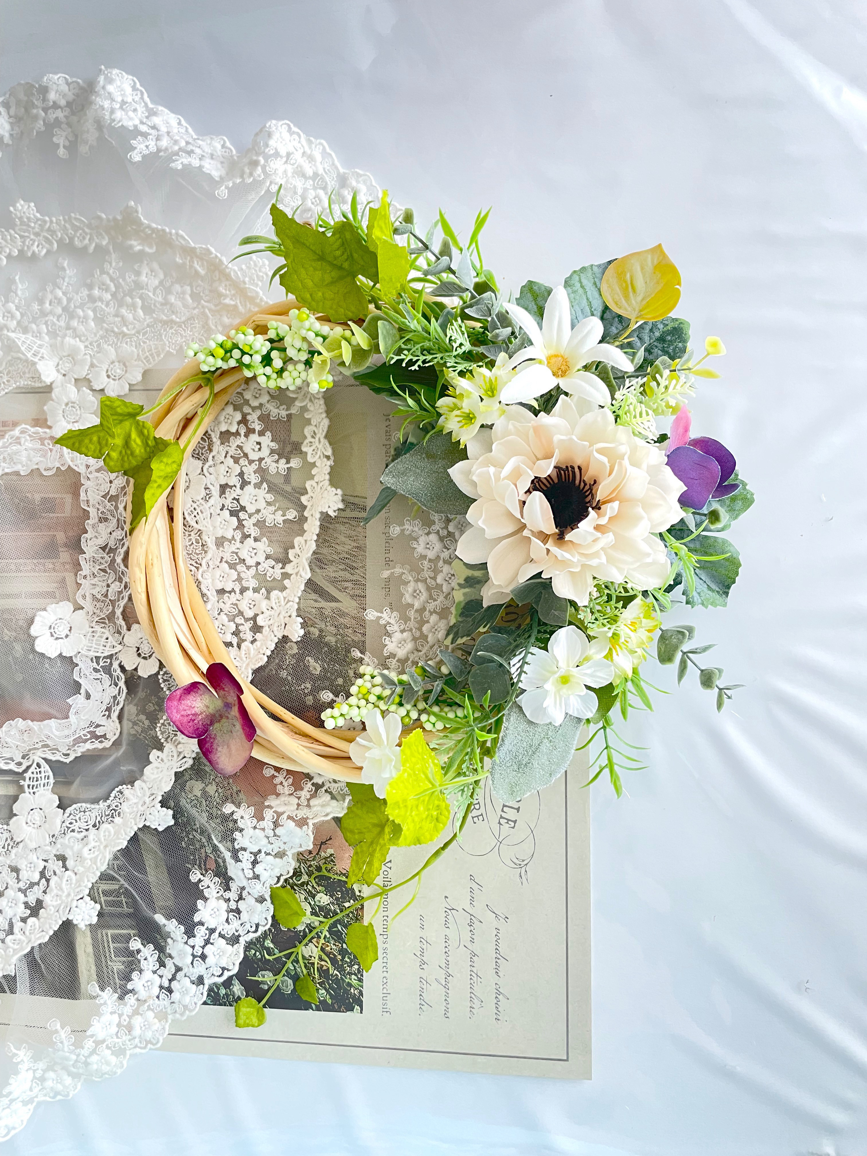 SALE25日削除〜 154.ダリア＆アネモネスワッグ フラワーリース