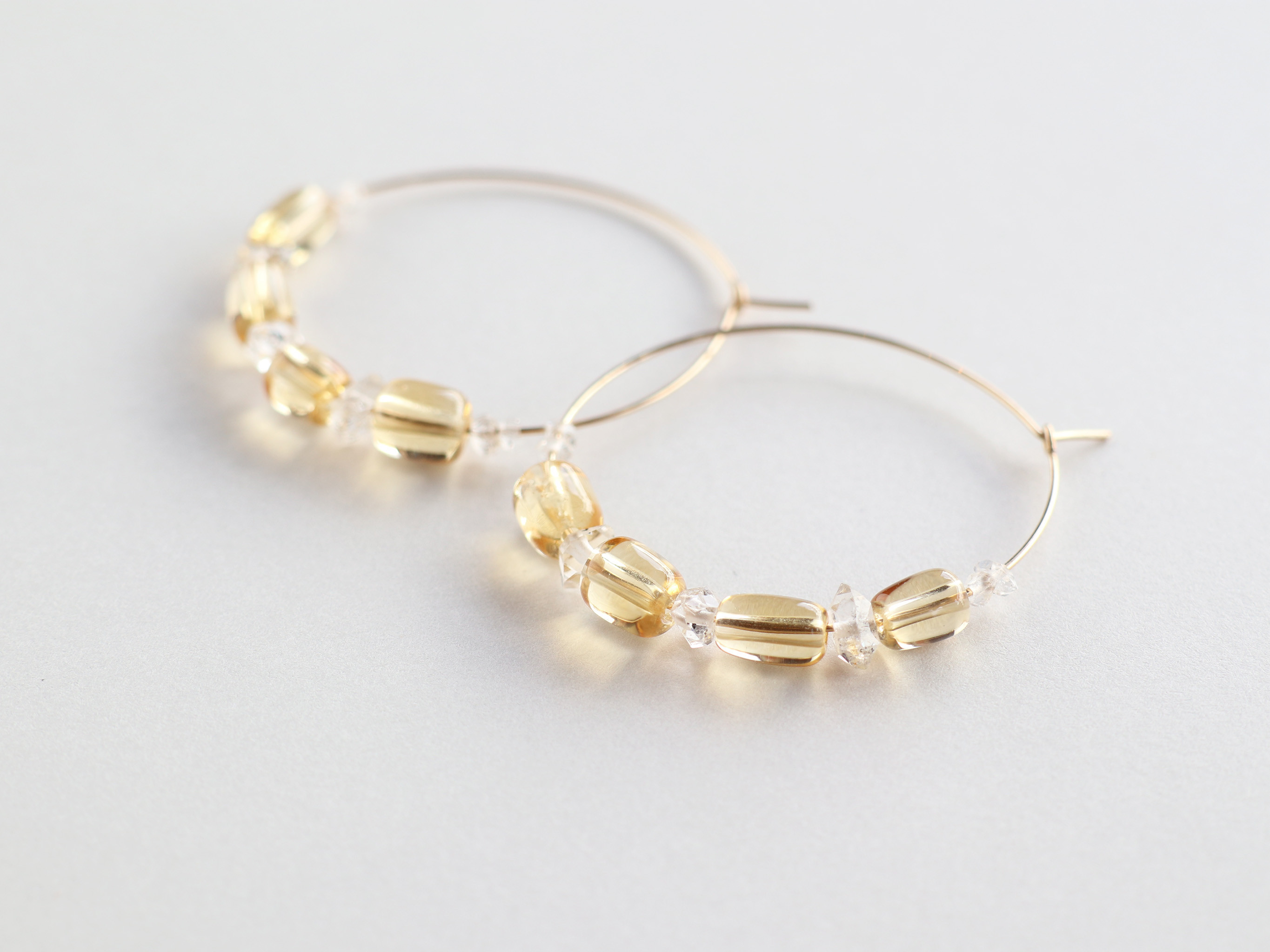 ◆ItoMe Stone◆14KGFフープピアス、シトリン、ハーキマーダイヤモンドPN:IPS-191