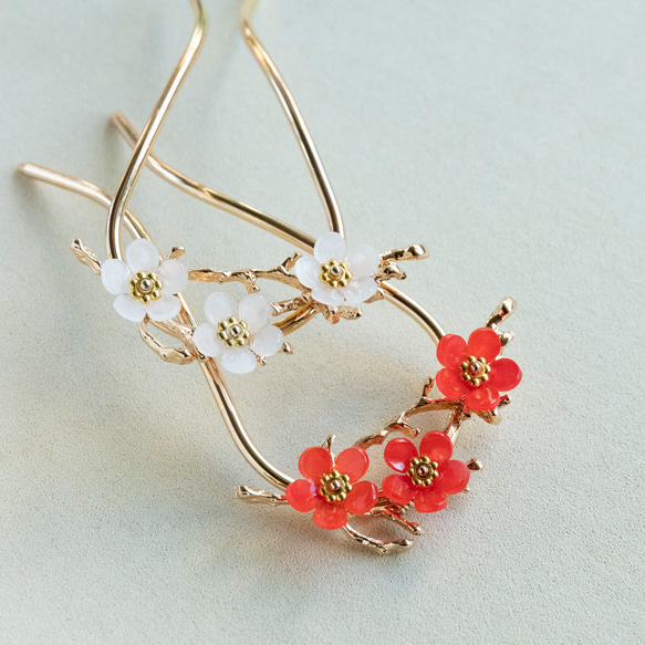 枝に咲く梅の花のかんざし プラバン ヘアアクセサリー 髪飾り 簪 U字