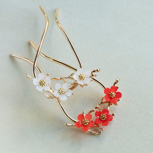 枝に咲く梅の花のかんざし プラバン ヘアアクセサリー 髪飾り 簪 U字