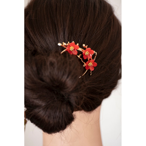 枝に咲く梅の花のかんざし プラバン ヘアアクセサリー 髪飾り 簪 U字