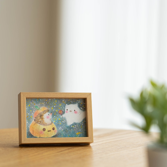 【原画・フレーム付き】「ハリネズミとねこばけちゃん」　ハロウィン　パステルアート　動物猫かぼちゃ　かわいいおばけイラスト 3枚目の画像