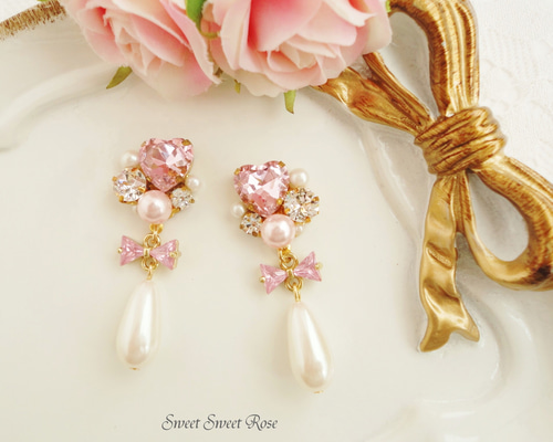 再販】Heart Bijou & Drop イヤリング ピアス ハート ビジュー