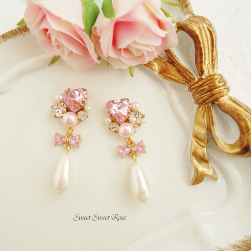 再販】Heart Bijou & Drop イヤリング ピアス ハート ビジュー リボン 
