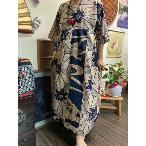 もみじ柄の浴衣の柿渋染めワンピース 浴衣リメイク ワンピース