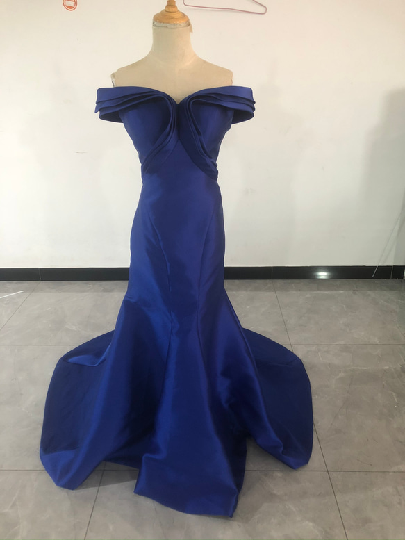 カラードレス 青/ブルー 光沢サテン オフショル マーメイドライン  