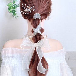 【クリーム】シアーリボン の ポニーフック/ 紐  オーガンジー ヘアアクセサリー  ヘアリボン 1枚目の画像
