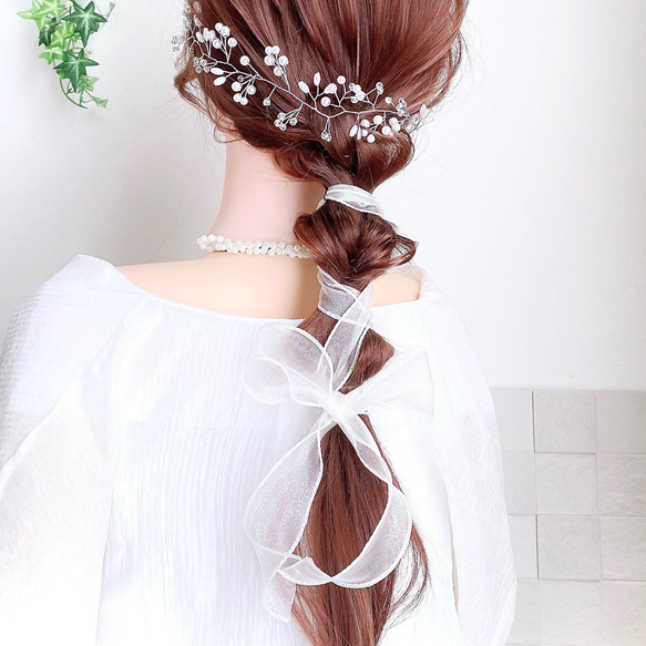 【クリーム】シアーリボン の ポニーフック/ 紐  オーガンジー ヘアアクセサリー  ヘアリボン 4枚目の画像