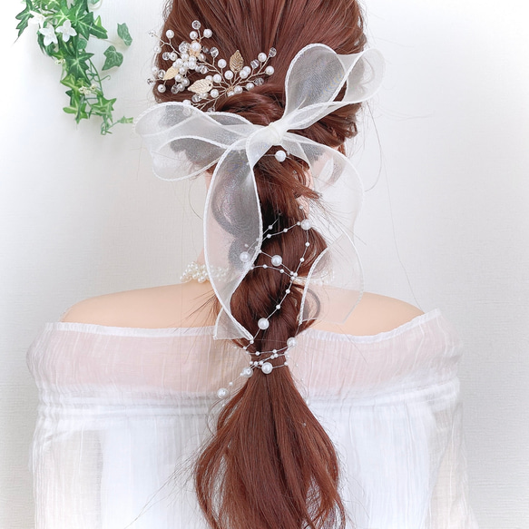 【クリーム】シアーリボン の ポニーフック/ 紐  オーガンジー ヘアアクセサリー  ヘアリボン 3枚目の画像