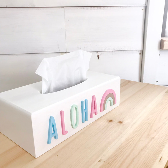 ウッドティッシュボックス ハワイアンティッシュケースレインボーのティッシュカバー 虹のデザイン 木製ティッシュ入れ ティ 4枚目の画像