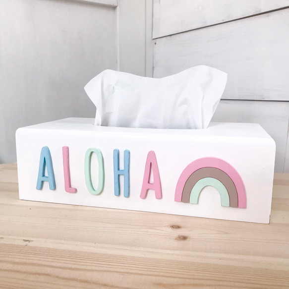 ウッドティッシュボックス ハワイアンティッシュケースレインボーのティッシュカバー 虹のデザイン 木製ティッシュ入れ ティ 1枚目の画像