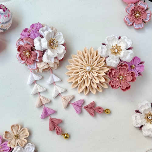 つまみ細工 七五三髪飾り 白 ベージュ ピンク 紫 *くすみカラー *ヘア