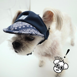ドッグキャップ-インディゴXネイビーペイズリー柄（耳出し）犬用帽子 1枚目の画像