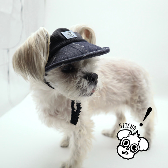ドッグキャップ-チャコールXパッチワークジャガードデニム（耳出し）犬用帽子 2枚目の画像