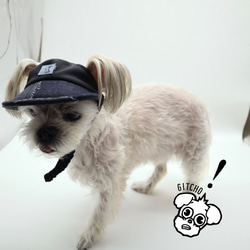 ドッグキャップ-チャコールXパッチワークジャガードデニム（耳出し）犬用帽子 1枚目の画像