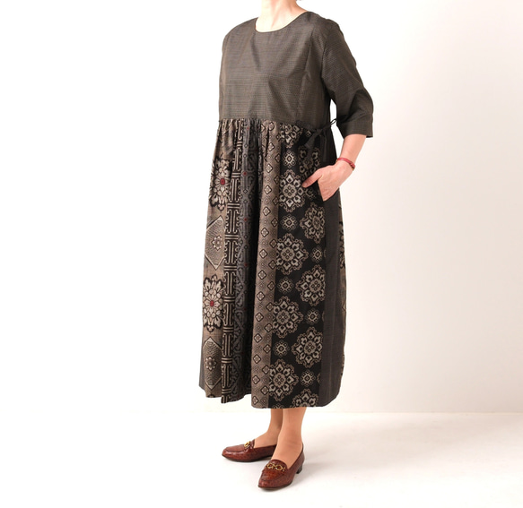 ☆着物リメイク☆ 大島紬 フリル袖のゆったりワンピ アンティーク龍郷