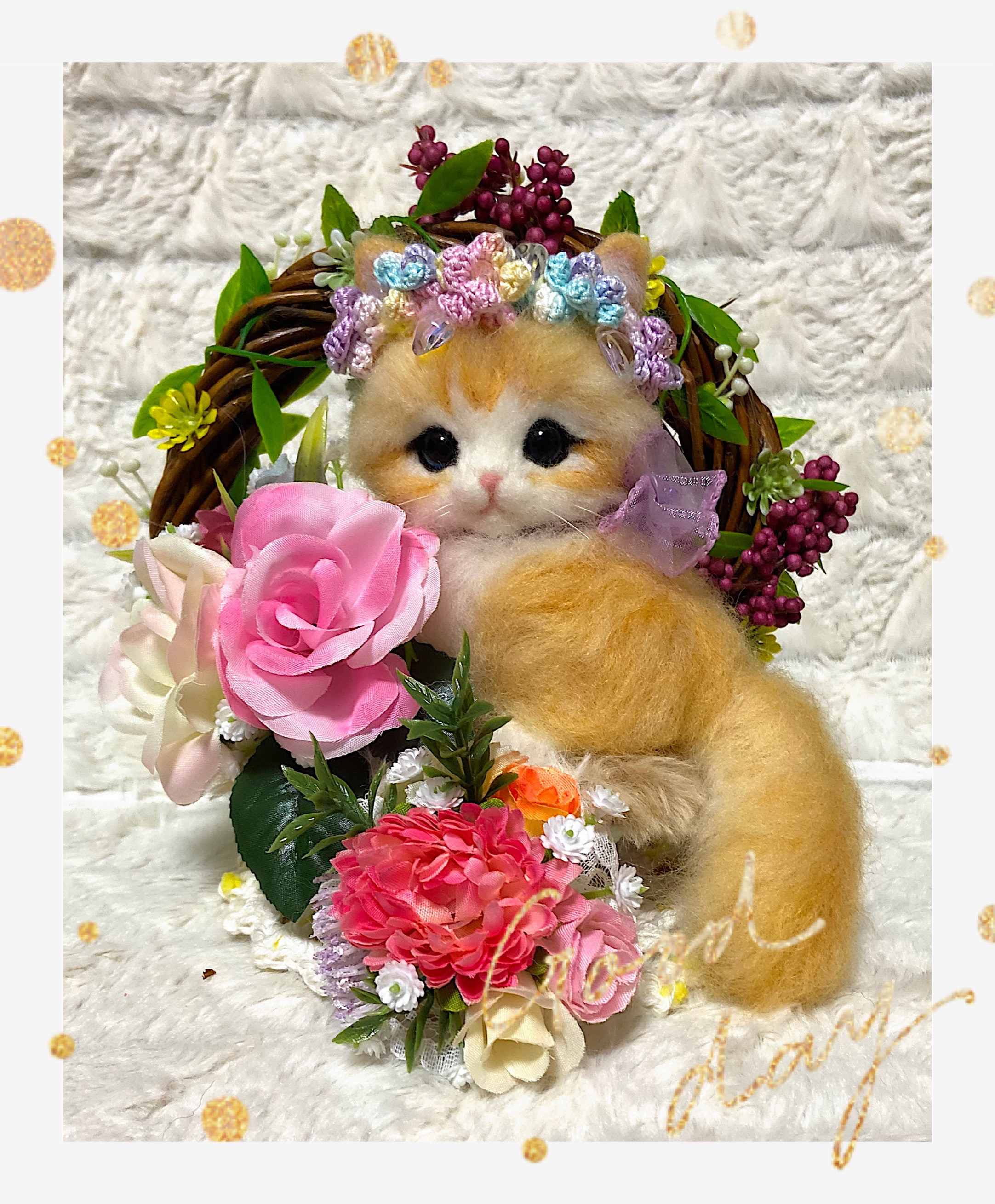羊毛フェルト　猫　黒猫　子猫ちゃんの春　リース　壁飾り　ハンドメイド 羊毛フェルト 猫 黒猫 子猫ちゃんの春 リース 壁飾り ハンドメイド